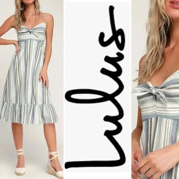 Lulus Dresses & Skirts - Lulus Madisun Blue Multi Striped Cotton Summer Dress Boho Peasant Tie Front XS